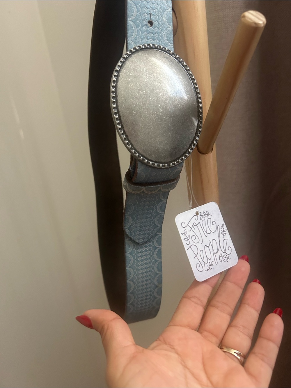 Free People Light Blue Patterned Belt with Oval Silver Buckle XS-S